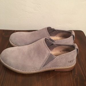 Gray suede slip ons with sheep skin inside